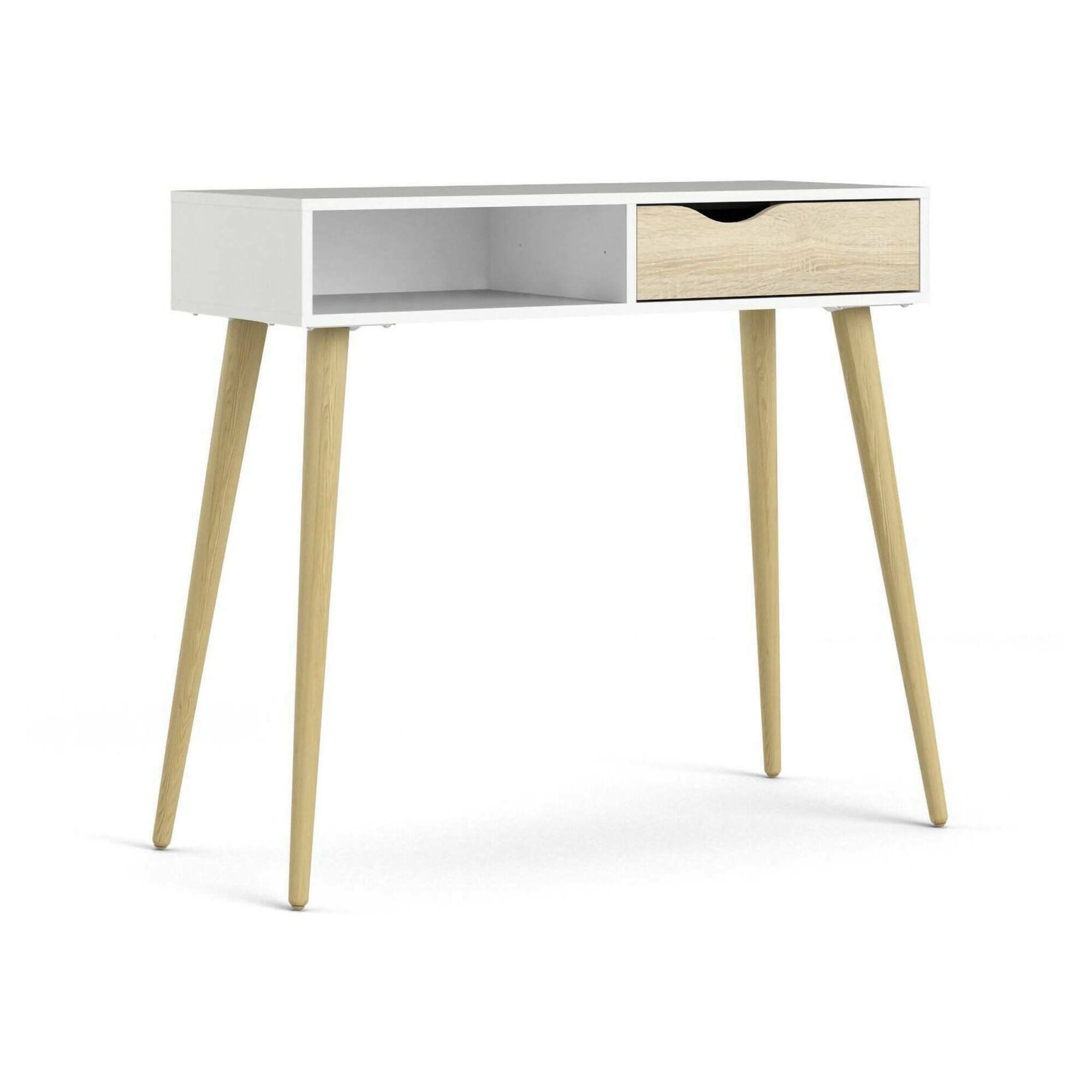 Tavolino consolle con un cassetto e un vano Diaspo, colore bianco e rovere, cm 103 x 89 x 43