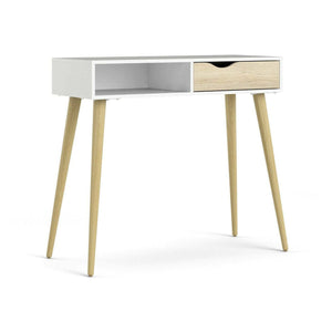 Tavolino consolle con un cassetto e un vano Diaspo, colore bianco e rovere, cm 103 x 89 x 43