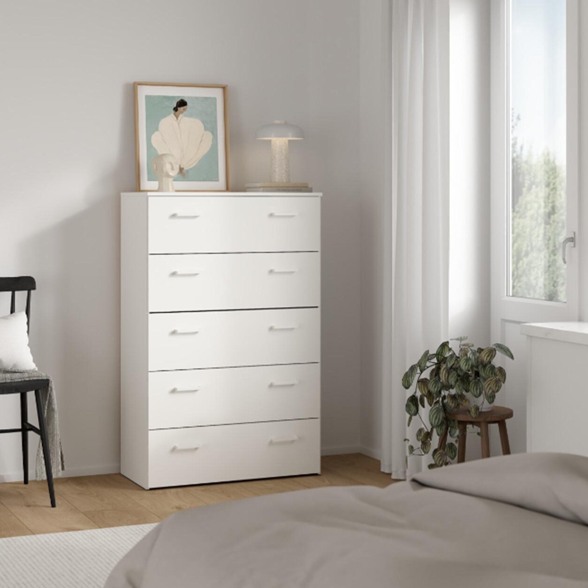 Cassettiera a cinque cassetti con maniglie, colore bianco, Misure 74 x 114 x 36 cm