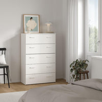 Cassettiera a cinque cassetti con maniglie, colore bianco, Misure 74 x 114 x 36 cm