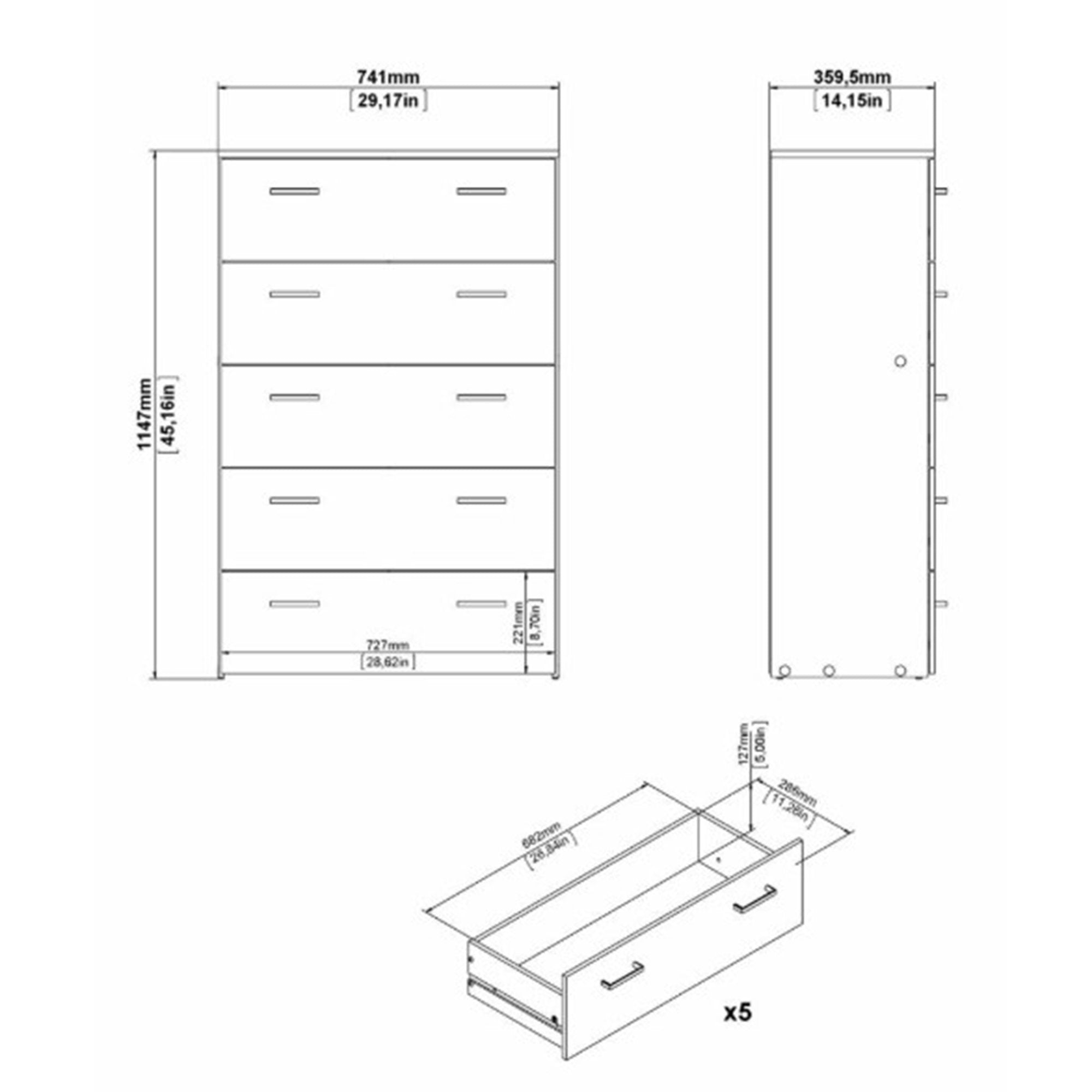 Cassettiera a cinque cassetti con maniglie, colore bianco, Misure 74 x 114 x 36 cm