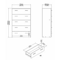 Cassettiera a cinque cassetti con maniglie, colore bianco, Misure 74 x 114 x 36 cm