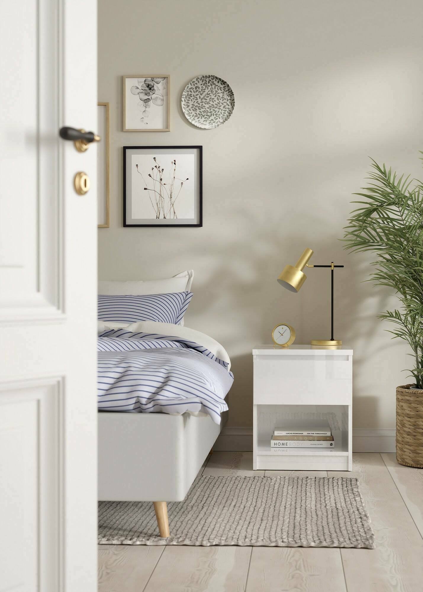 Comodino a un Scolastica, colore bianco lucido, cm 40 x 49 x 40