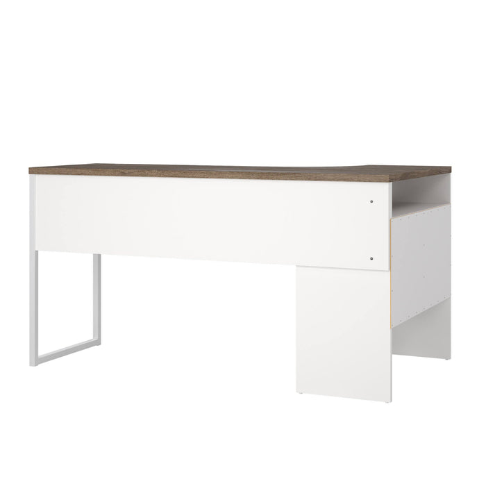 Scrivania ad angolo con due Moire, colore bianco e quercia, cm 145 x 76 x 81