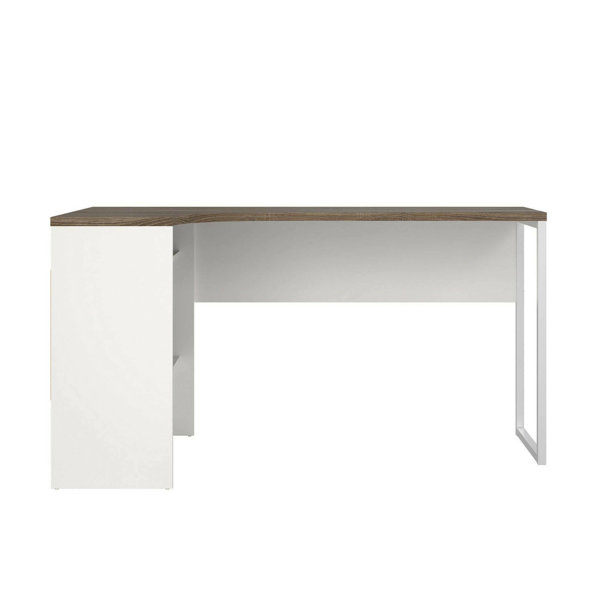 Scrivania ad angolo con due Moire, colore bianco e quercia, cm 145 x 76 x 81