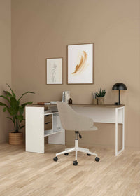 Scrivania ad angolo con due Moire, colore bianco e quercia, cm 145 x 76 x 81