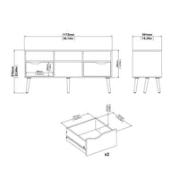 Mobile porta TV a due cassetti e scomparti Aliani, colore bianco e nero, cm 117 x 57 x 39