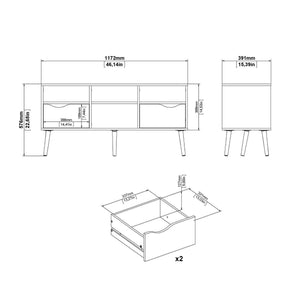 Mobile porta TV a due cassetti e scomparti Aliani, colore bianco e nero, cm 117 x 57 x 39