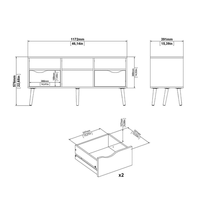 Mobile porta TV a due cassetti e scomparti Aliani, colore bianco e nero, cm 117 x 57 x 39