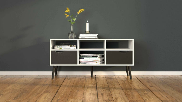 Mobile porta TV a due cassetti e scomparti Aliani, colore bianco e nero, cm 117 x 57 x 39