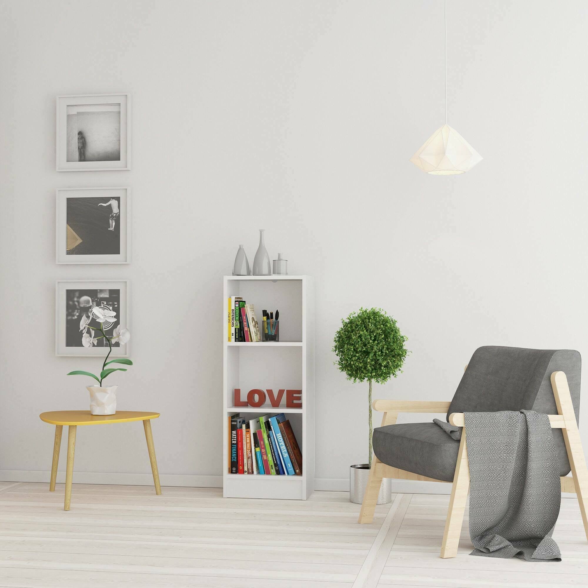 Libreria a tre Alcesti, colore bianco, cm 40 x 107 x 26