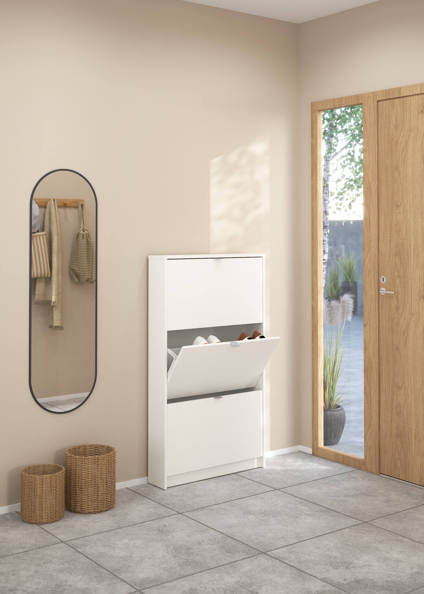 Scarpiera a tre Aran, colore Bianco, cm 70.3 x 123.6 x 16.55