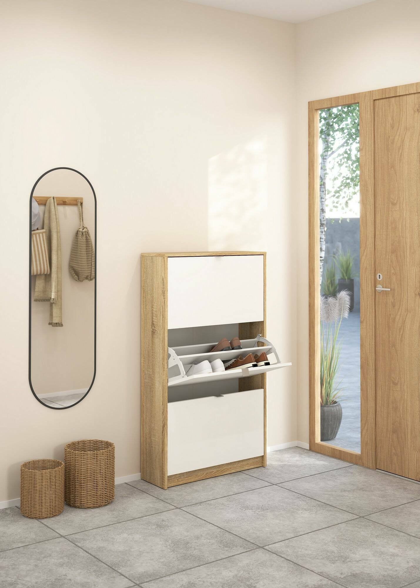 Scarpiera Irina, Mobile portascarpe, Armadio da ingresso multiuso, Mobiletto per calzature, 70x24 h124 cm, Quercia e Bianco