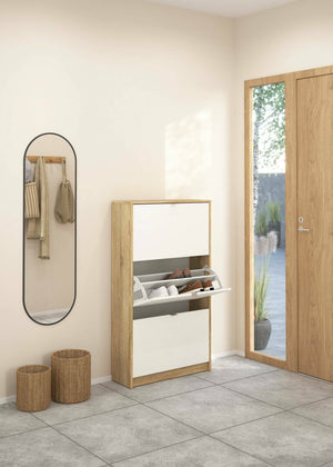 Scarpiera Irina, Mobile portascarpe, Armadio da ingresso multiuso, Mobiletto per calzature, 70x24 h124 cm, Quercia e Bianco