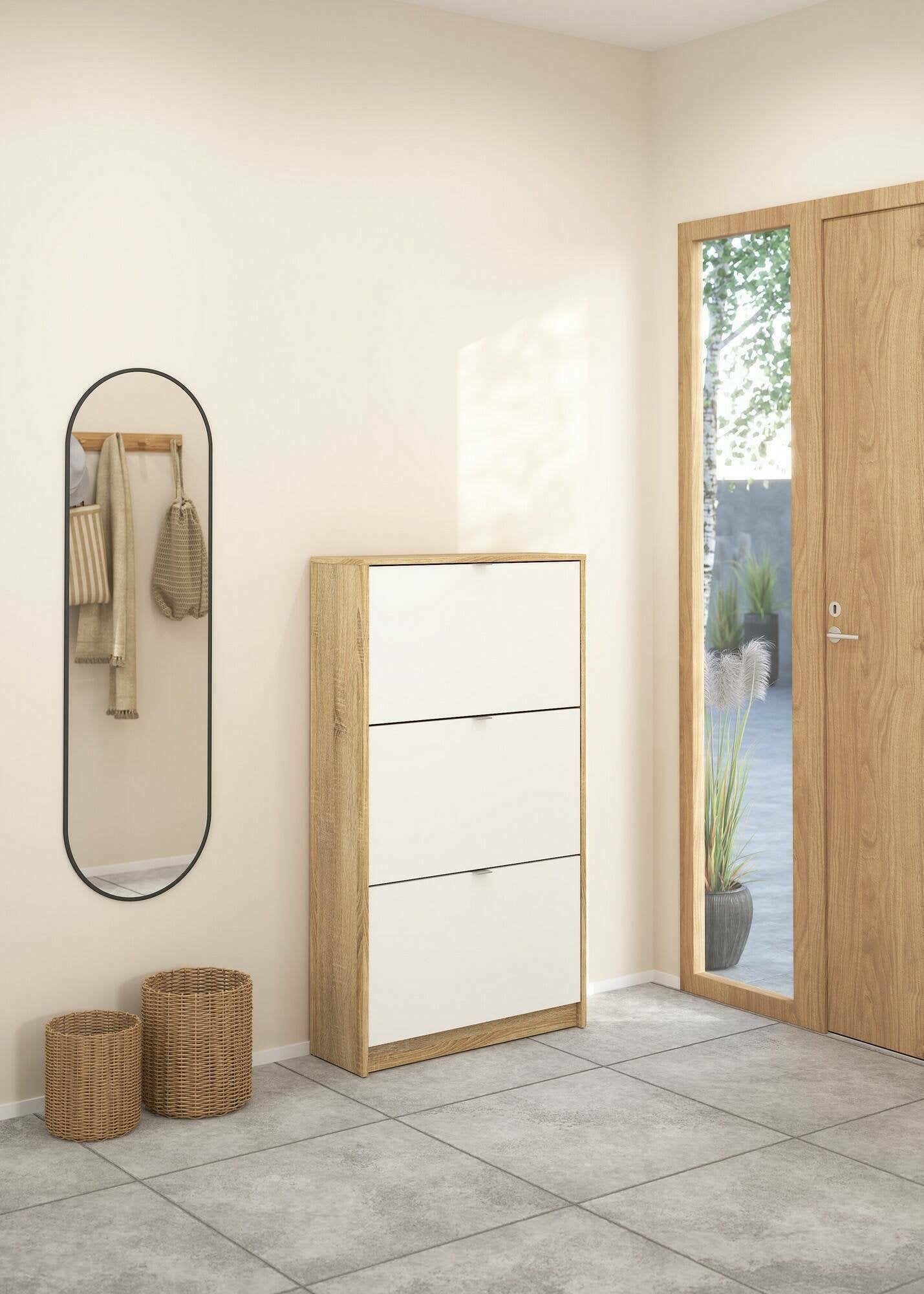 Scarpiera Irina, Mobile portascarpe, Armadio da ingresso multiuso, Mobiletto per calzature, 70x24 h124 cm, Quercia e Bianco