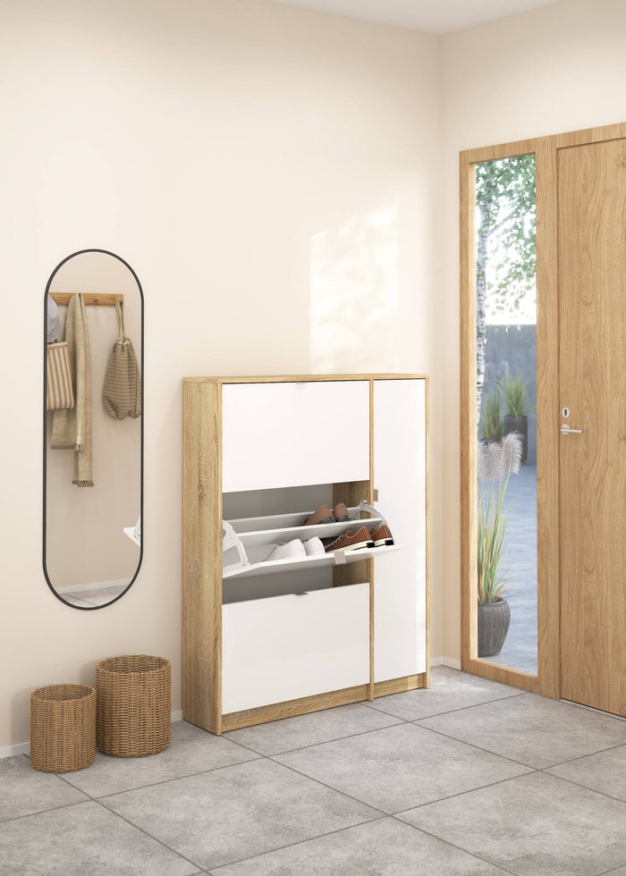 Scarpiera con quattro aperture e doppia Abastract, colore Quercia, cm 98.8 x 123.6 x 24.05