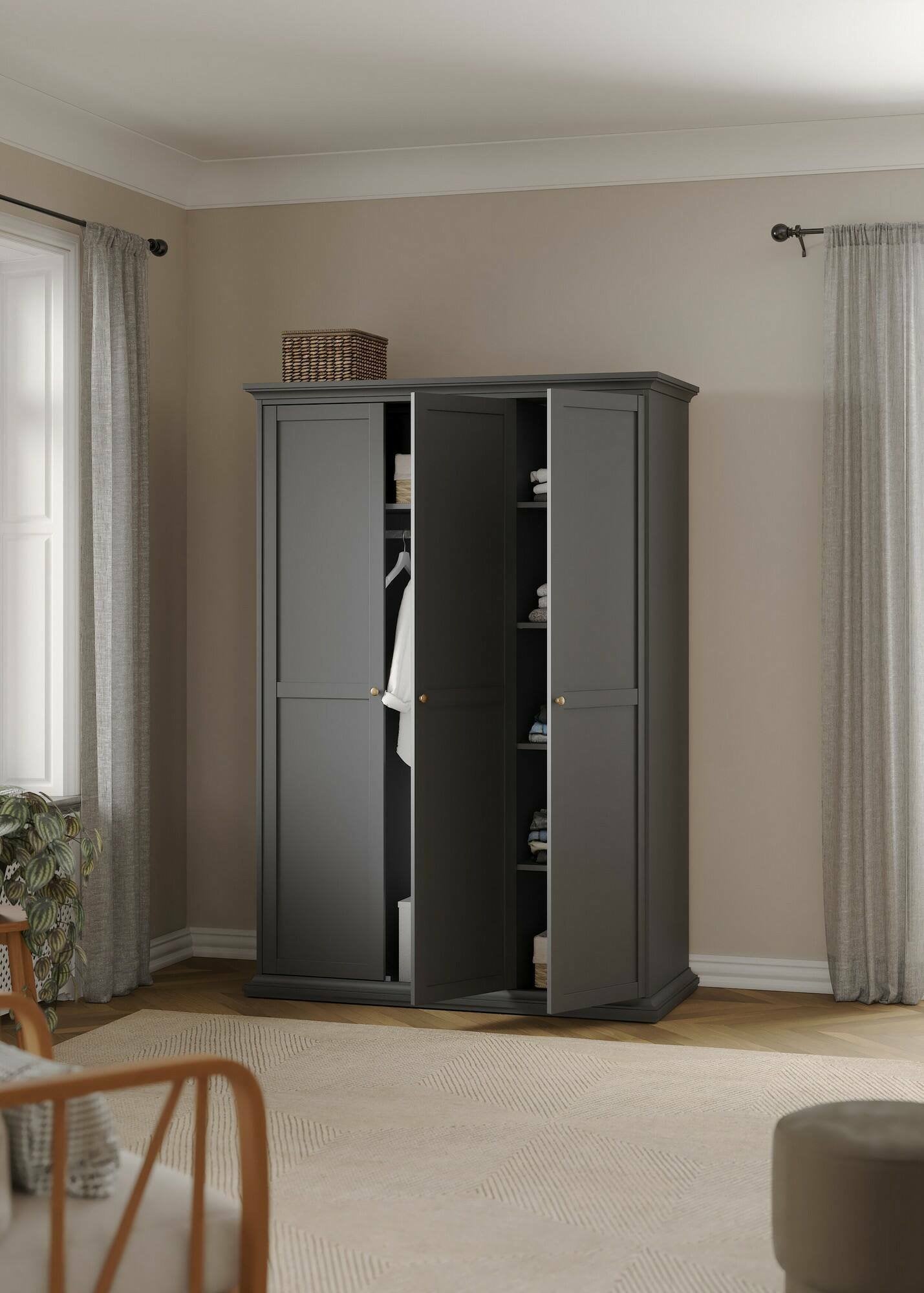 Guardaroba 3 ante Dolor, Mobile camera da letto, Cabina armadio portabiti, Armadio appendiabiti, 139x61 h201 cm, Grigio
