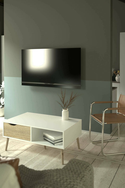 Tavolino da salotto Sfene, Tavolo basso da caffè, Portariviste per divano, Ripiano da soggiorno, 99x60 h43 cm, Bianco e Quercia