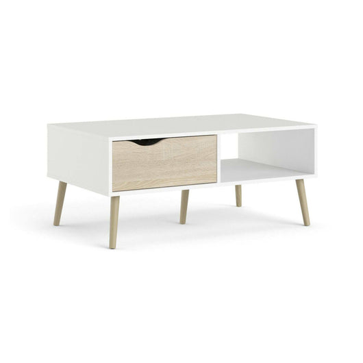 Tavolino da salotto Sfene, Tavolo basso da caffè, Portariviste per divano, Ripiano da soggiorno, 99x60 h43 cm, Bianco e Quercia