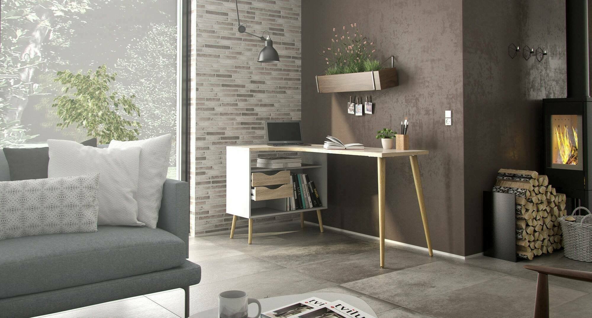 Scrivania Katherine, Scrittoio multiuso, Tavolo per ufficio porta PC, Piano di lavoro, 145x81 h76 cm, Bianco e Quercia