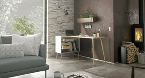 Scrivania Katherine, Scrittoio multiuso, Tavolo per ufficio porta PC, Piano di lavoro, 145x81 h76 cm, Bianco e Quercia