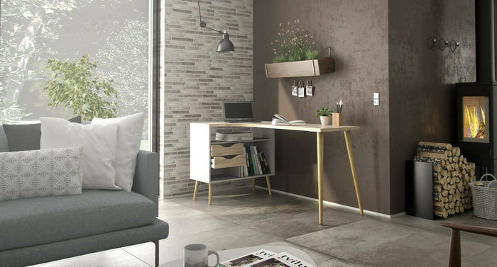 Scrivania Katherine, Scrittoio multiuso, Tavolo per ufficio porta PC, Piano di lavoro, 145x81 h76 cm, Bianco e Quercia