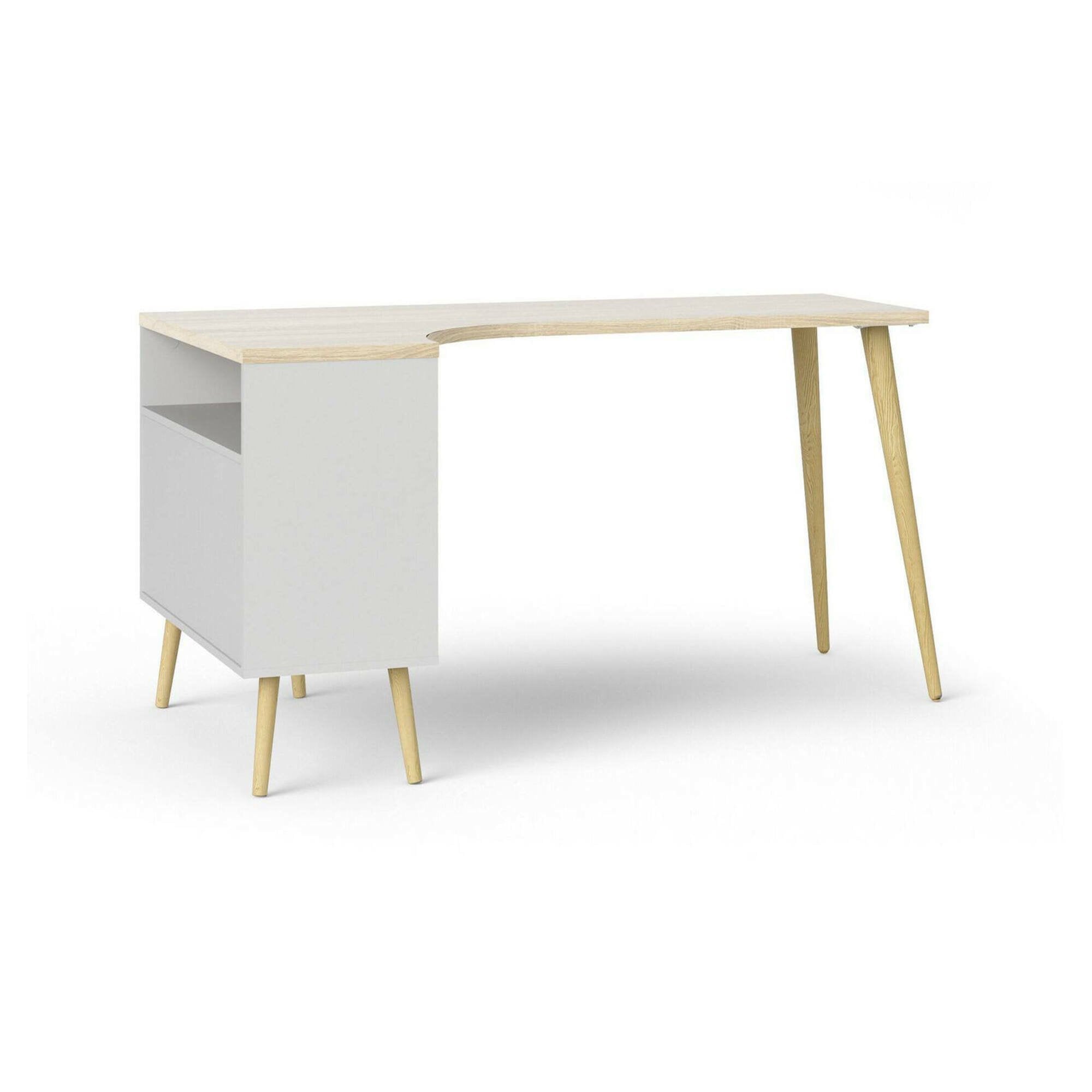 Scrivania Katherine, Scrittoio multiuso, Tavolo per ufficio porta PC, Piano di lavoro, 145x81 h76 cm, Bianco e Quercia