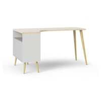 Scrivania Katherine, Scrittoio multiuso, Tavolo per ufficio porta PC, Piano di lavoro, 145x81 h76 cm, Bianco e Quercia