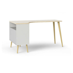 Scrivania Katherine, Scrittoio multiuso, Tavolo per ufficio porta PC, Piano di lavoro, 145x81 h76 cm, Bianco e Quercia