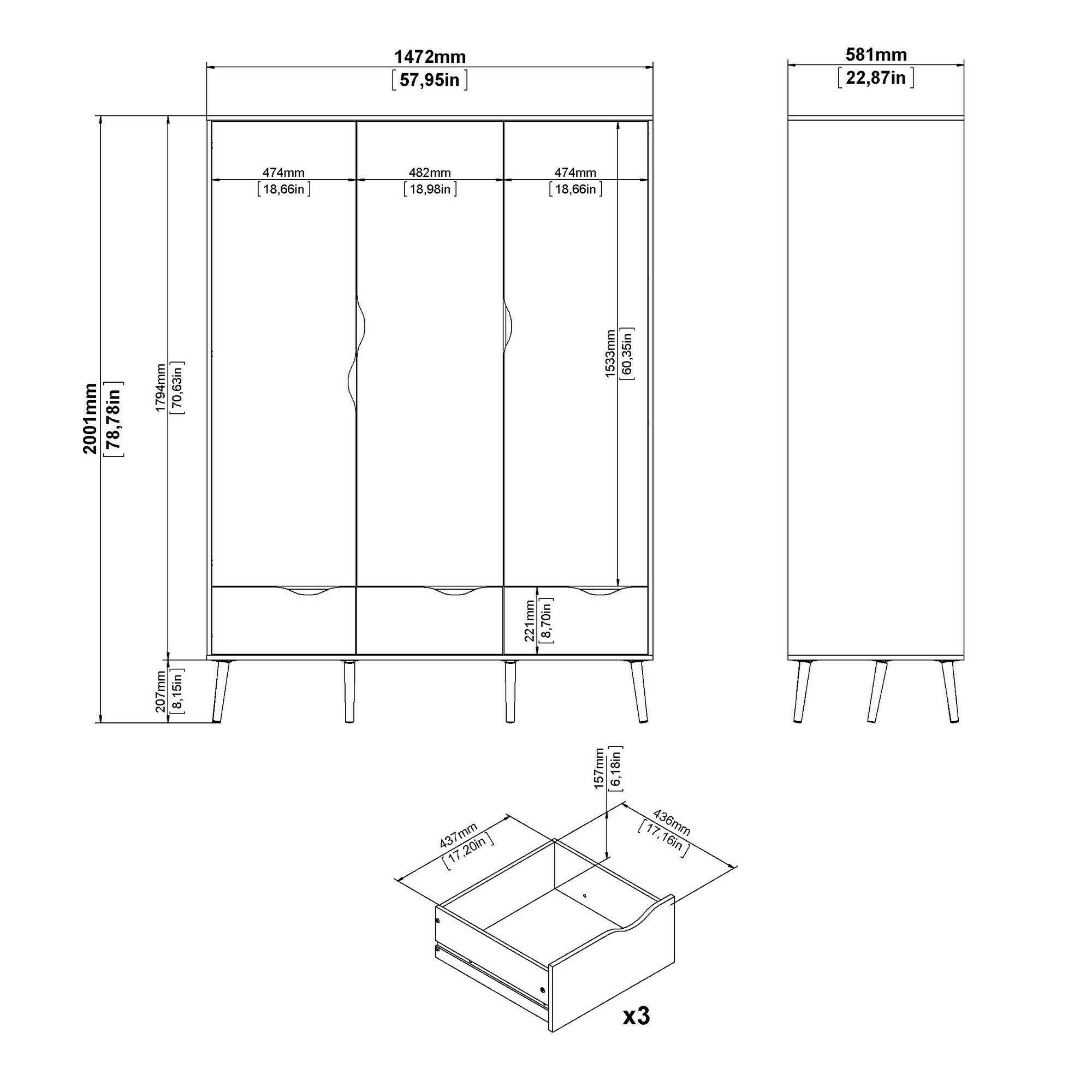 Guardaroba 3 ante Devota, Mobile camera da letto, Cabina armadio portabiti, Armadio appendiabiti, 147x58 h200 cm, Bianco e Quercia