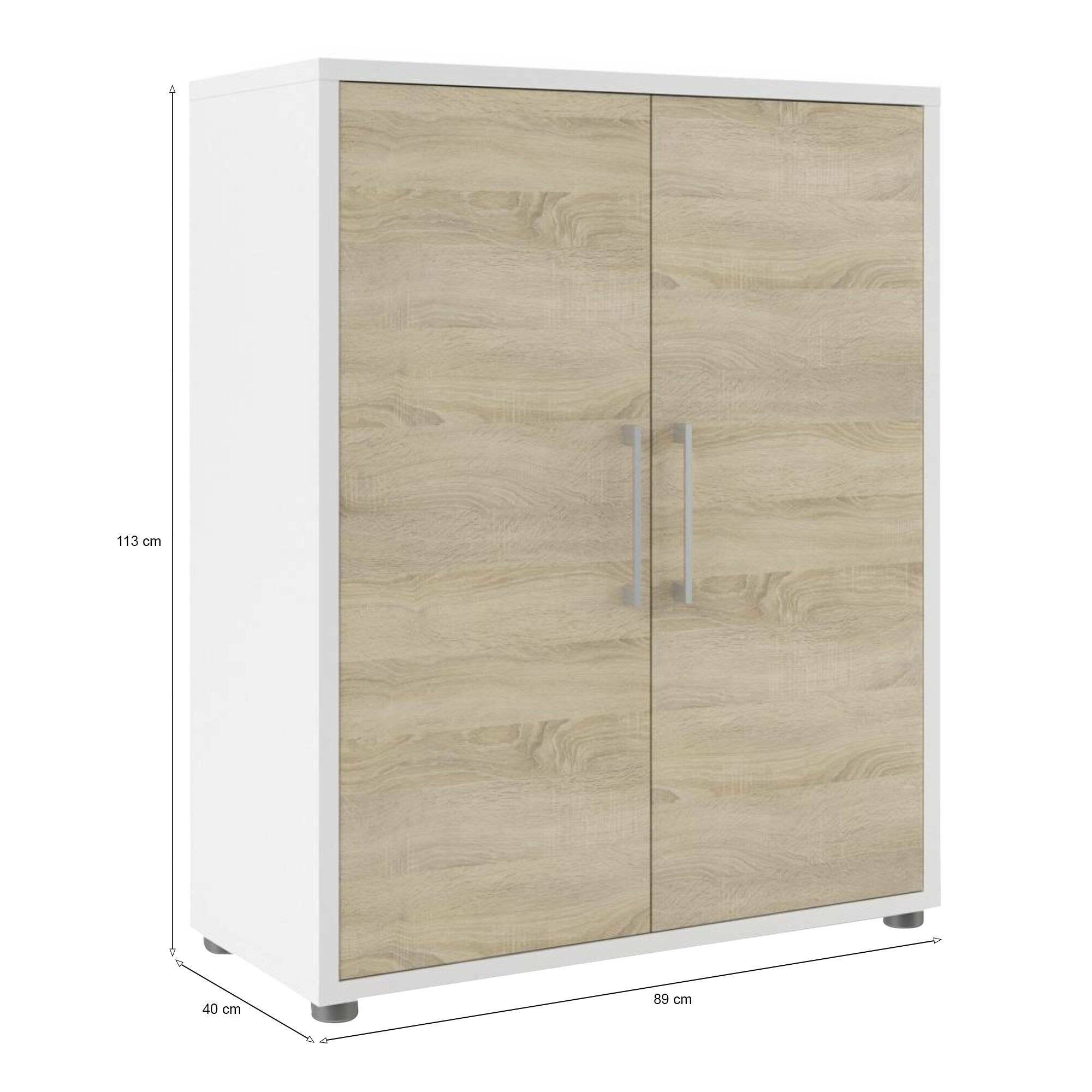 Credenza Warszawa, Buffet da soggiorno, Madia da salotto, Dispensa da cucina, 89x40 h113 cm, Bianco e Quercia