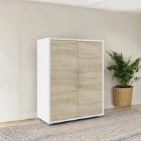 Credenza Warszawa, Buffet da soggiorno, Madia da salotto, Dispensa da cucina, 89x40 h113 cm, Bianco e Quercia