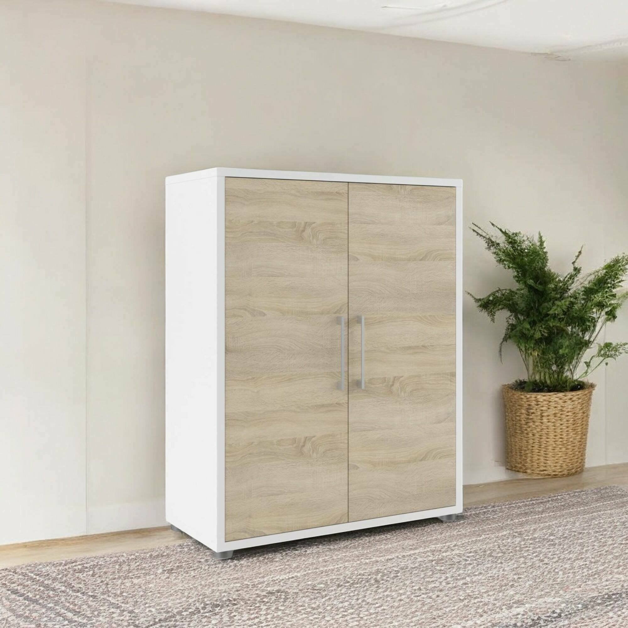 Credenza Warszawa, Buffet da soggiorno, Madia da salotto, Dispensa da cucina, 89x40 h113 cm, Bianco e Quercia