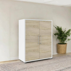 Credenza Warszawa, Buffet da soggiorno, Madia da salotto, Dispensa da cucina, 89x40 h113 cm, Bianco e Quercia