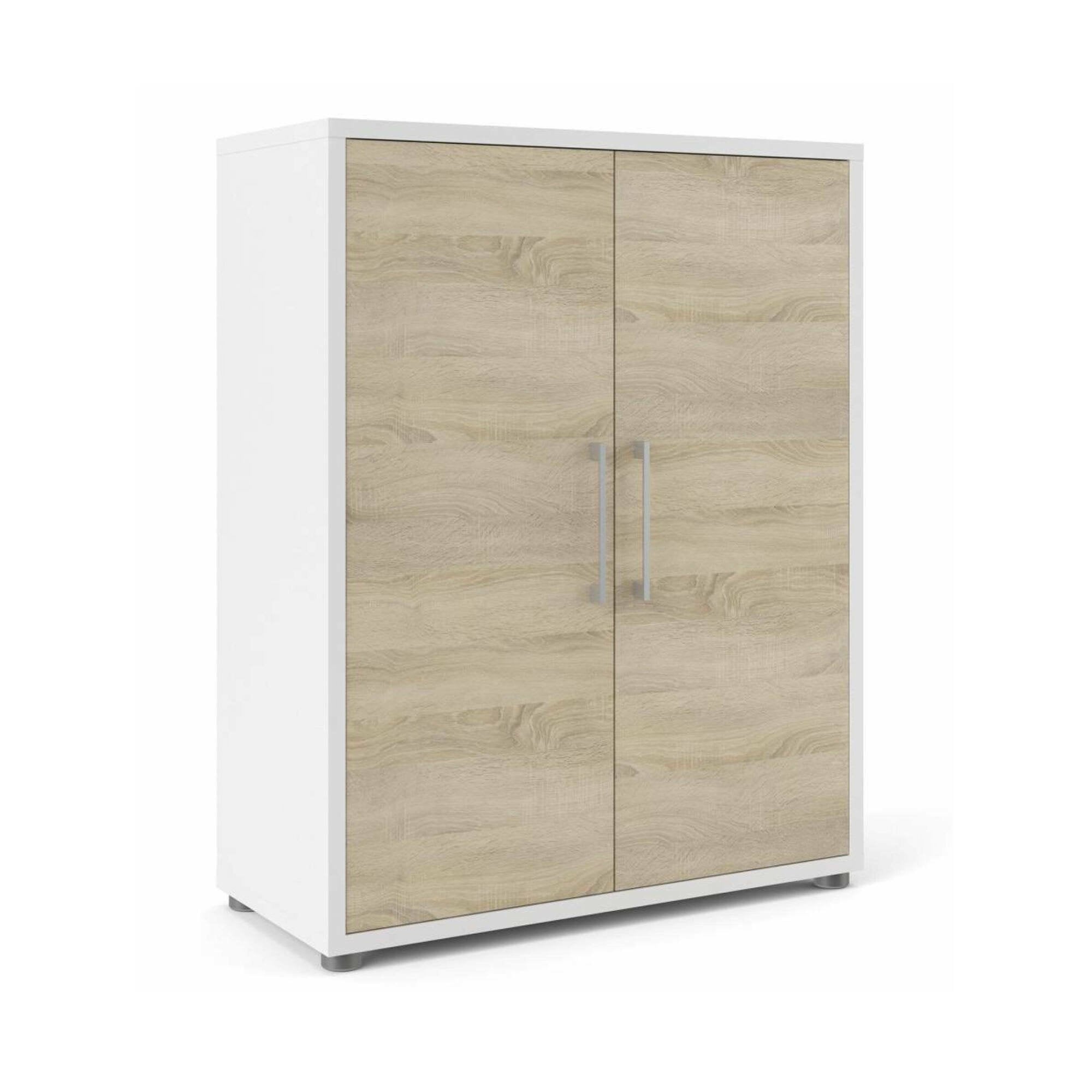 Credenza Warszawa, Buffet da soggiorno, Madia da salotto, Dispensa da cucina, 89x40 h113 cm, Bianco e Quercia