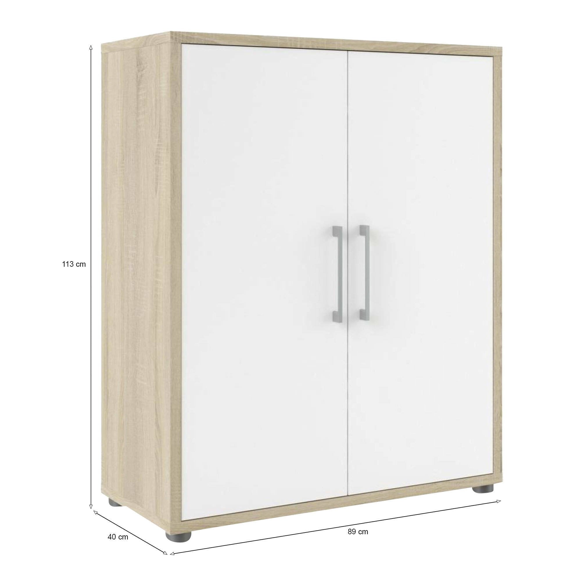 Credenza Warszawa, Buffet da soggiorno, Madia da salotto, Dispensa da cucina, 89x40 h113 cm, Quercia e Bianco