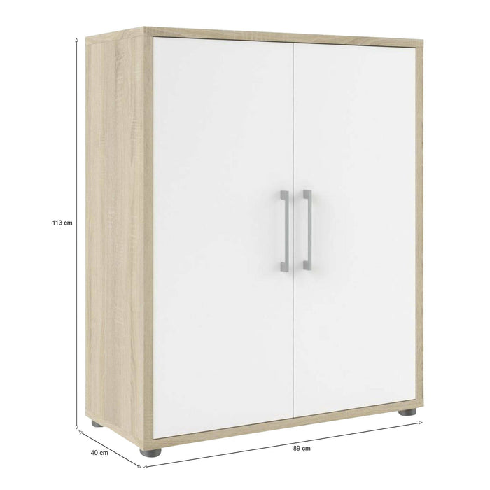 Credenza Warszawa, Buffet da soggiorno, Madia da salotto, Dispensa da cucina, 89x40 h113 cm, Quercia e Bianco