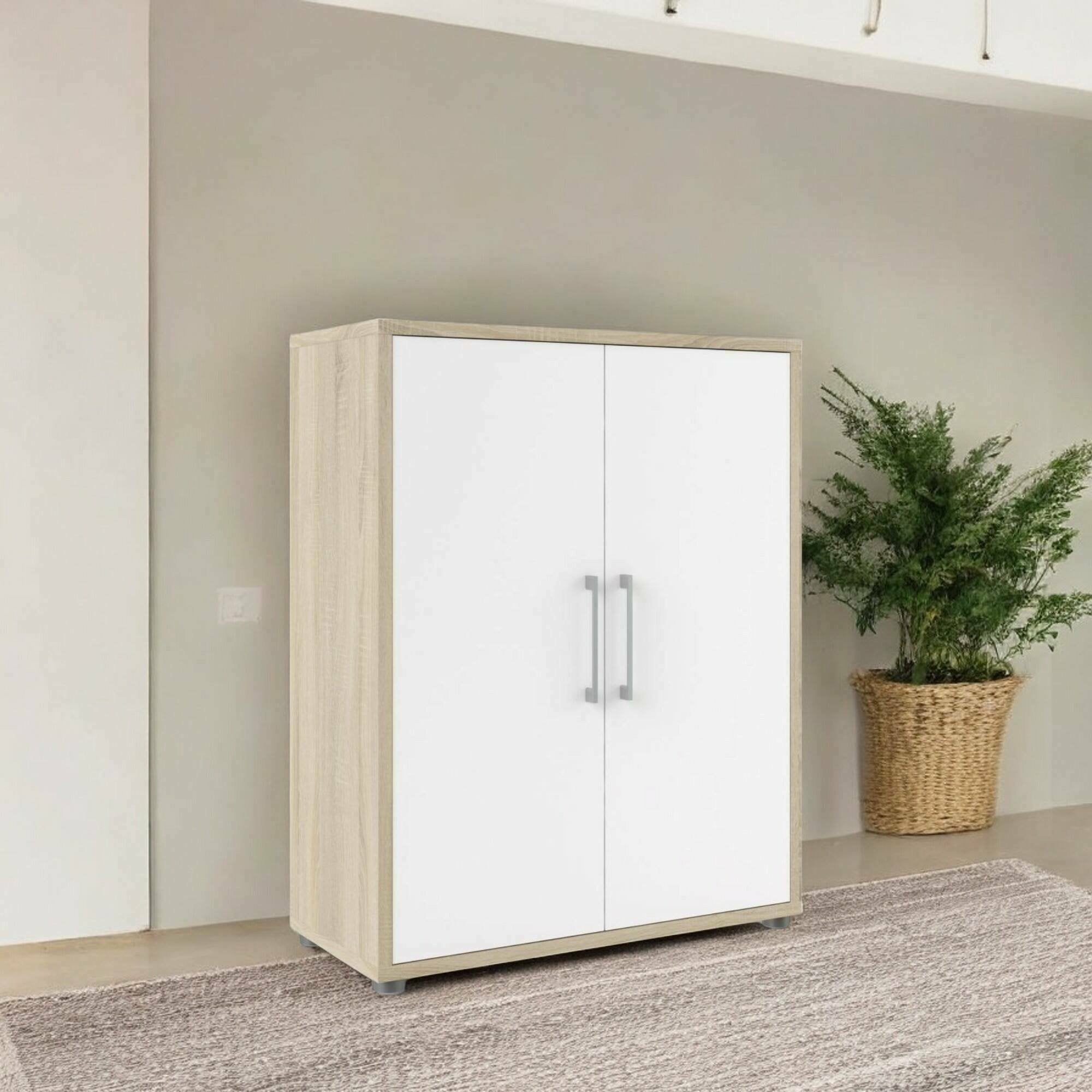 Credenza Warszawa, Buffet da soggiorno, Madia da salotto, Dispensa da cucina, 89x40 h113 cm, Quercia e Bianco