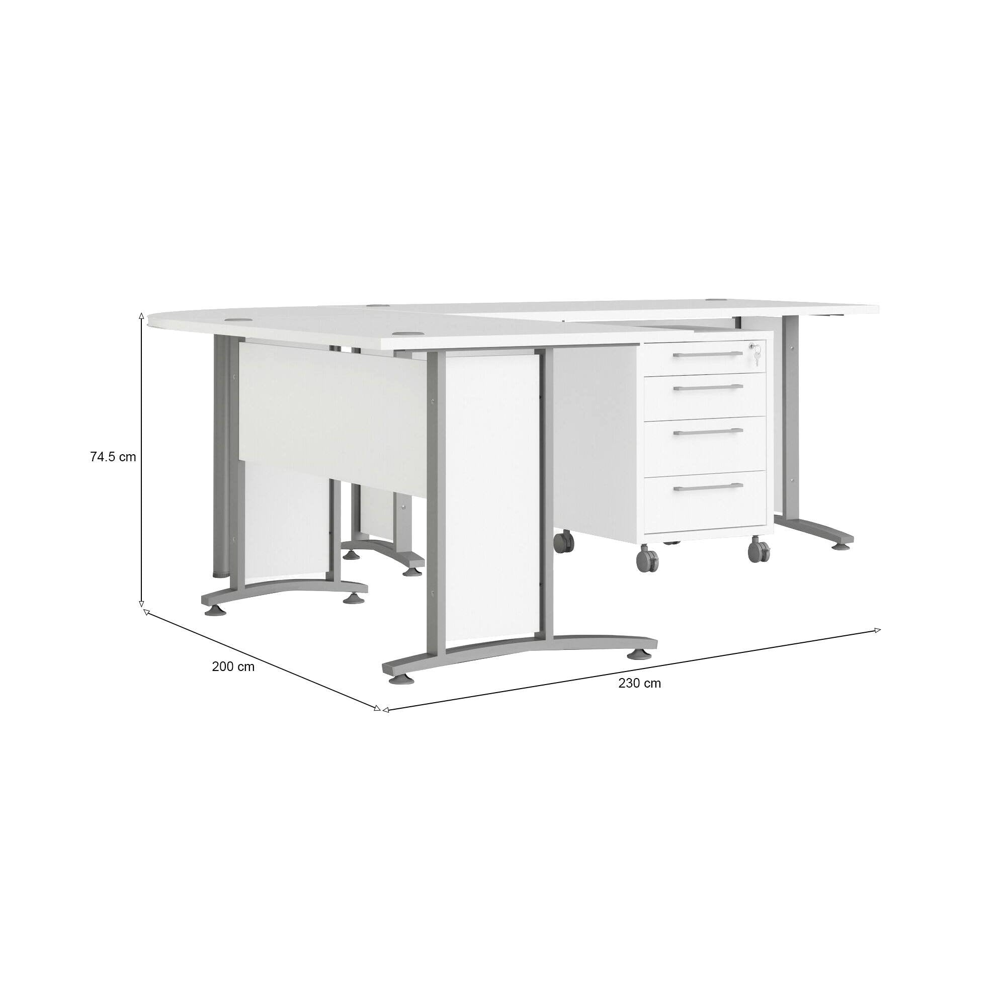 Scrivania Megh, Scrittoio multiuso, Tavolo per ufficio porta PC, Piano di lavoro, 230x200 h75 cm, Bianco e Grigio