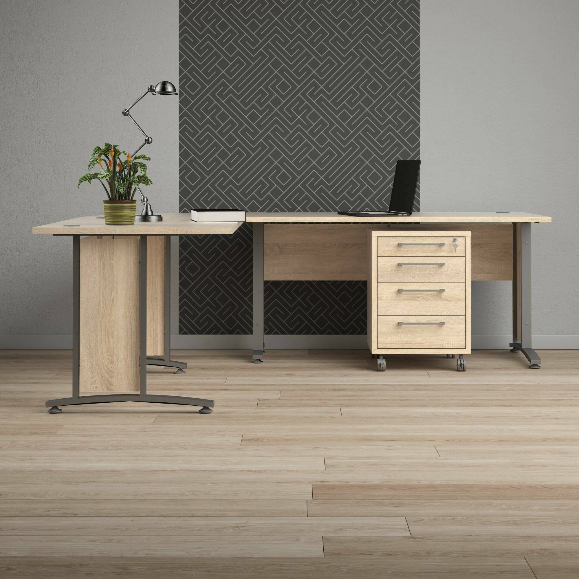 Scrivania Megh, Scrittoio multiuso, Tavolo per ufficio porta PC, Piano di lavoro, 230x200 h75 cm, Grigio e Quercia