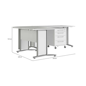 Scrivania Agerato, Scrittoio multiuso, Tavolo per ufficio porta PC, Piano di lavoro, 230x200 h75 cm, Bianco e Grigio