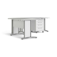 Scrivania Agerato, Scrittoio multiuso, Tavolo per ufficio porta PC, Piano di lavoro, 230x200 h75 cm, Bianco e Grigio