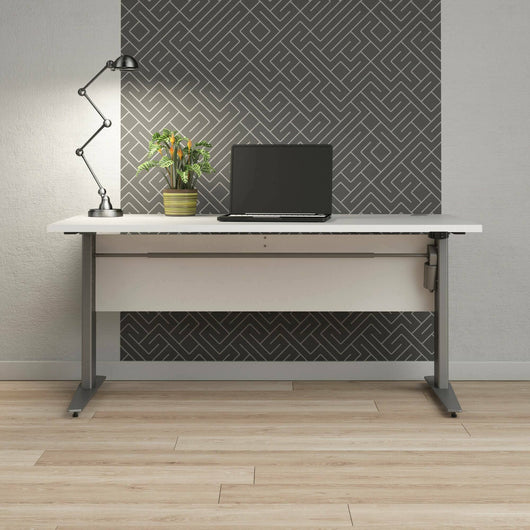 Scrivania Gonu, Scrittoio multiuso, Tavolo per ufficio porta PC, Piano di lavoro, 150x80 h119 cm, Bianco e Grigio
