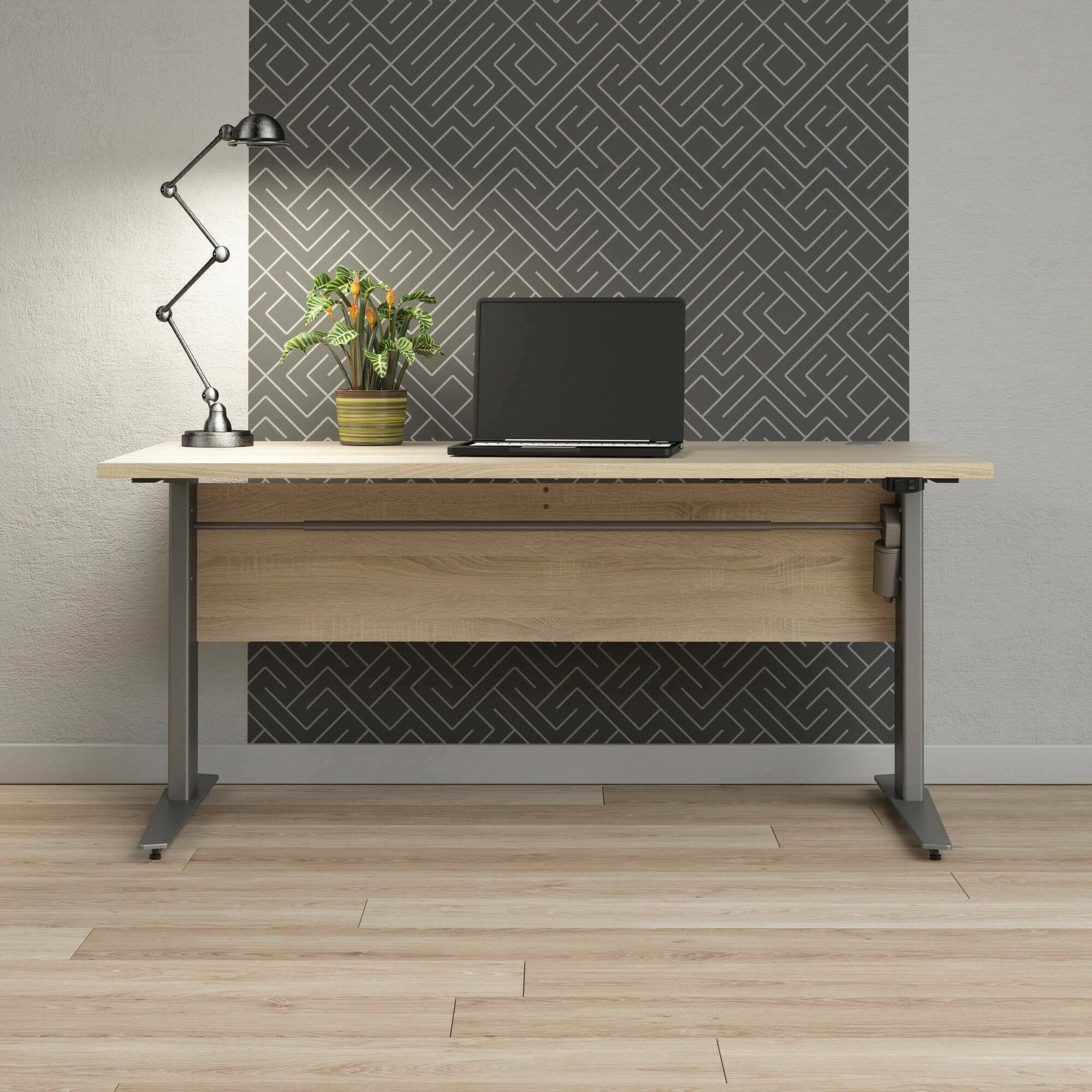 Scrivania Gonu, Scrittoio multiuso, Tavolo per ufficio porta PC, Piano di lavoro, 150x80 h119 cm, Grigio e Quercia