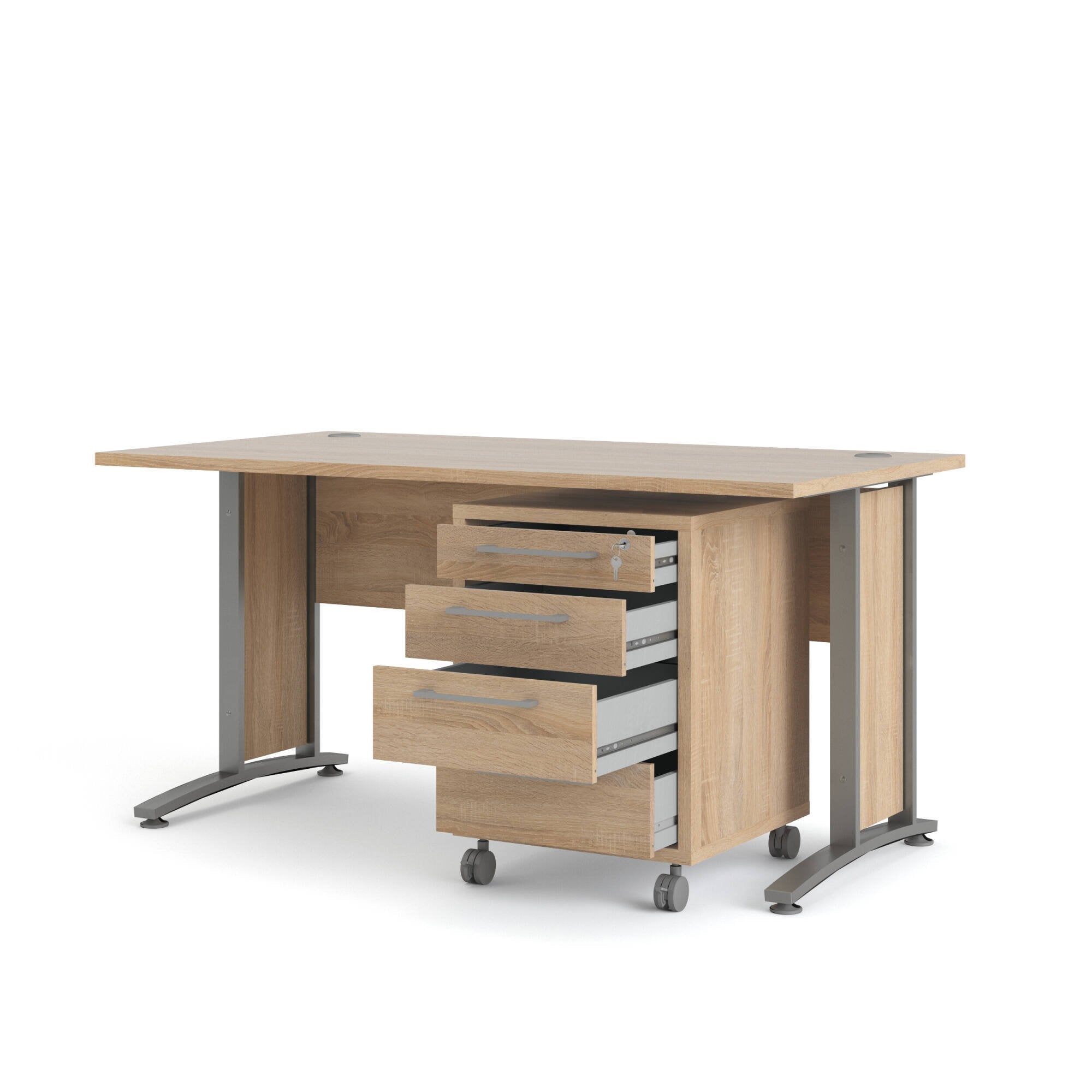 Scrivania Azzaro, Scrittoio multiuso, Tavolo per ufficio porta PC, Piano di lavoro, 150x80 h75 cm, Grigio e Quercia