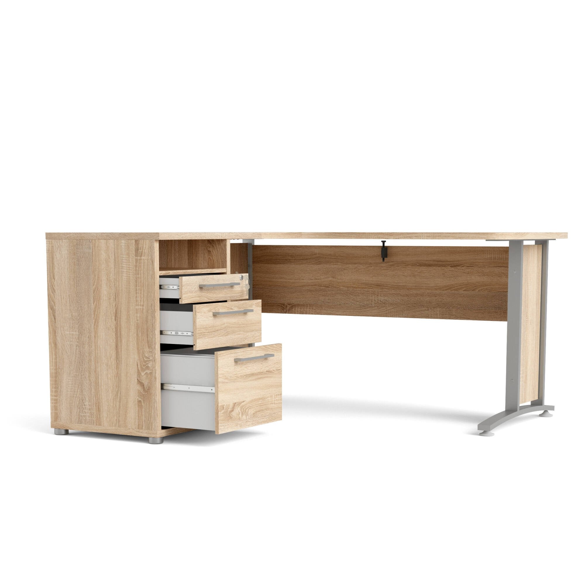 Scrivania Alfango, Scrittoio multiuso, Tavolo per ufficio porta PC, Piano di lavoro, 159x151 h75 cm, Grigio e Quercia