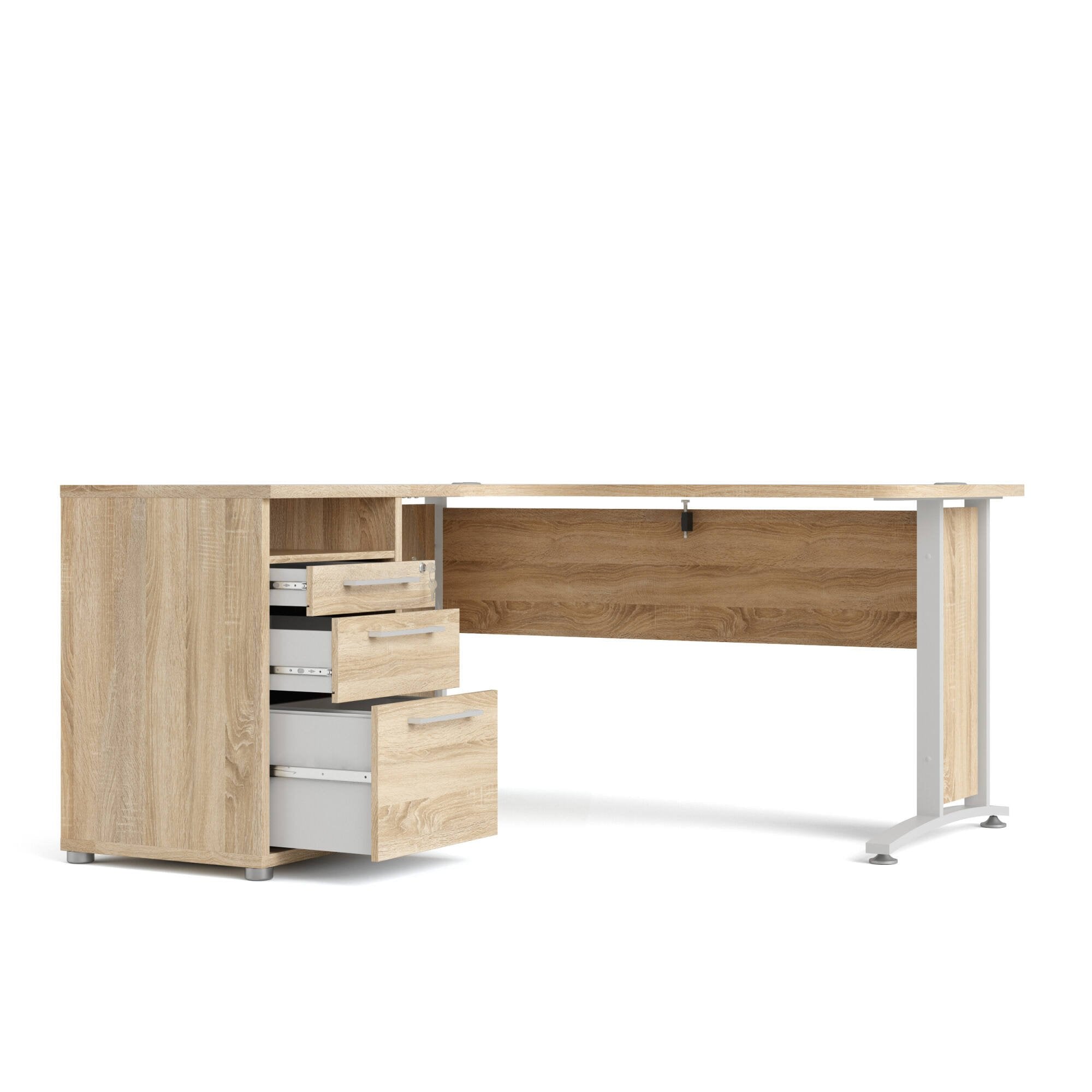 Scrivania Alfango, Scrittoio multiuso, Tavolo per ufficio porta PC, Piano di lavoro, 159x151 h75 cm, Quercia e Bianco