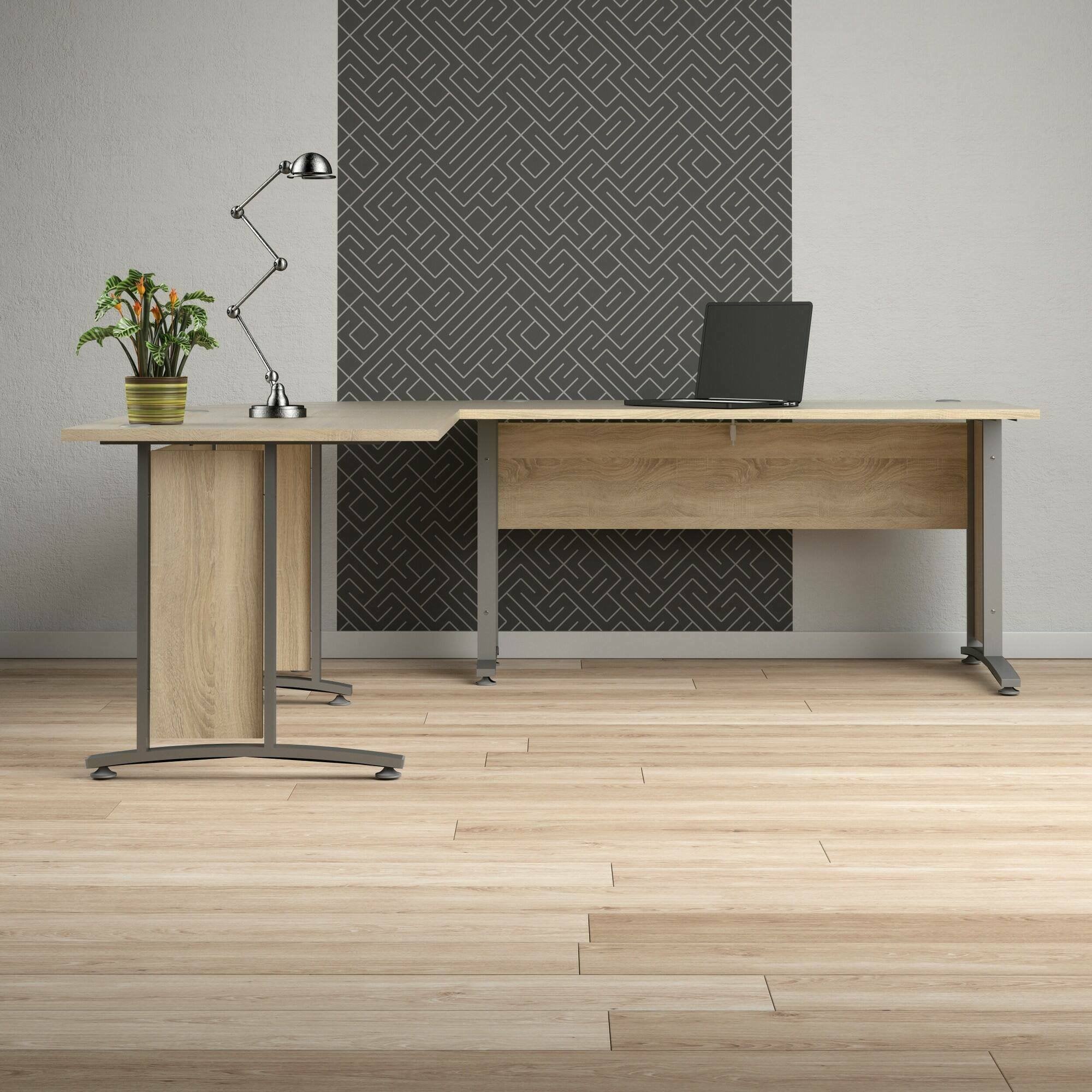 Scrivania Tanya, Scrittoio multiuso, Tavolo per ufficio porta PC, Piano di lavoro, 230x200 h75 cm, Grigio e Quercia