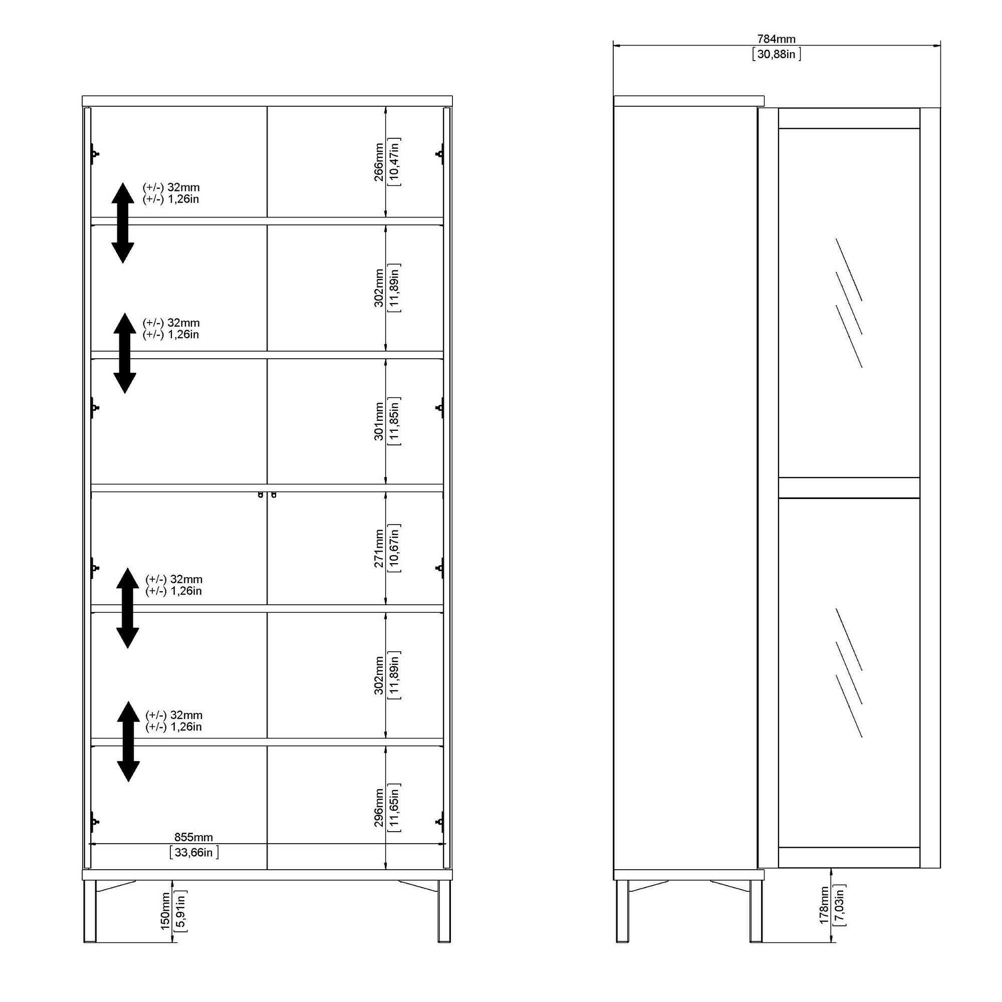 Vetrina Hudhud, Credenza espositiva, Vetrinetta multiuso, Madia da soggiorno, 89x36 h203 cm, Bianco e Quercia
