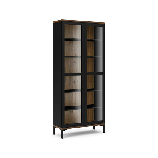 Vetrina Hudhud, Credenza espositiva, Vetrinetta multiuso, Madia da soggiorno, 89x36 h203 cm, Nero e Noce